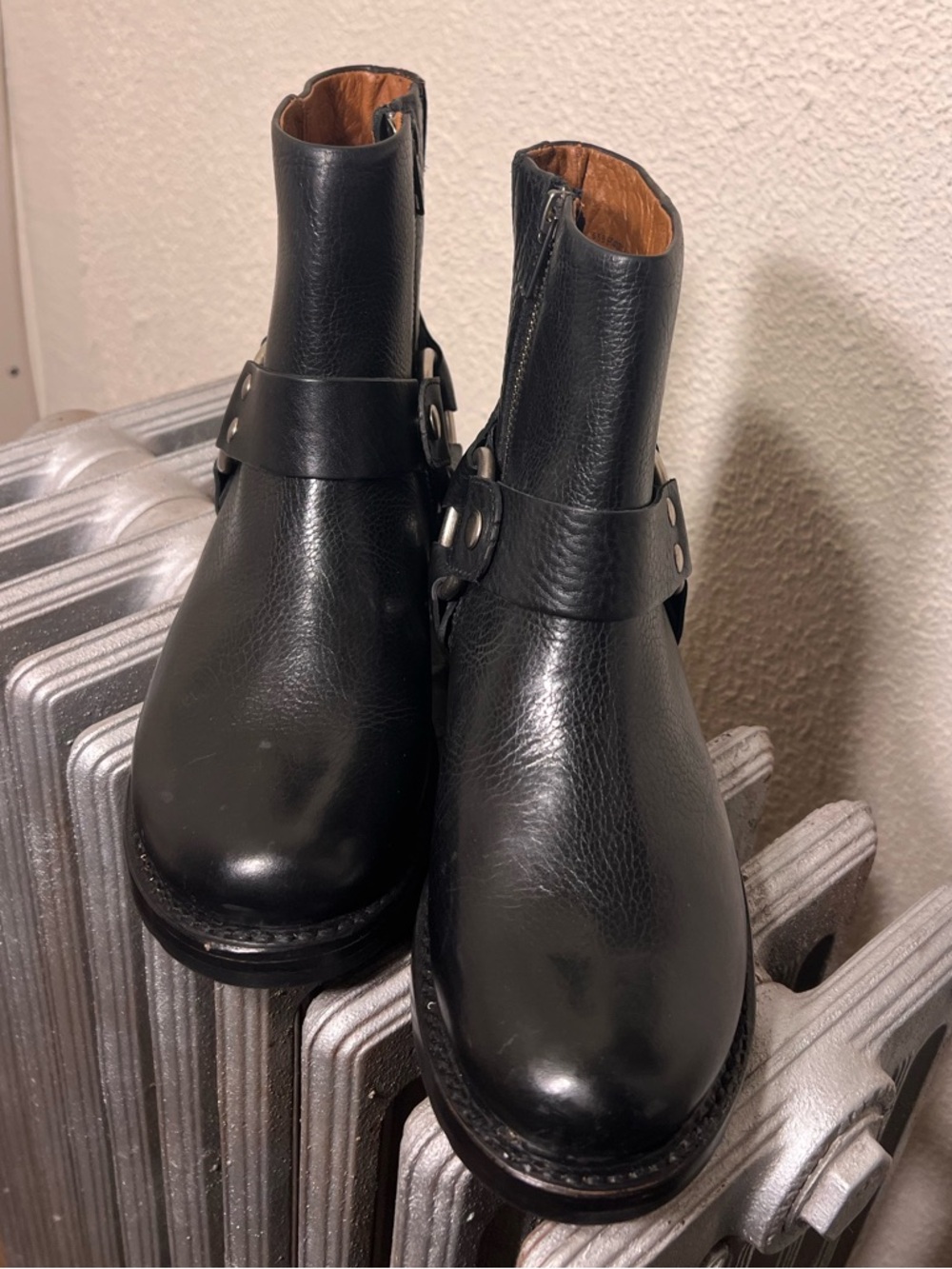 Frye Black Leather Harness Ankle Booties